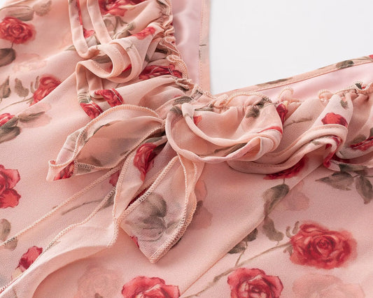 Vacation V neck Floral Flying Sleeves Dress Waist Slimming A line Long Dress