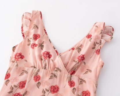 Vacation V neck Floral Flying Sleeves Dress Waist Slimming A line Long Dress