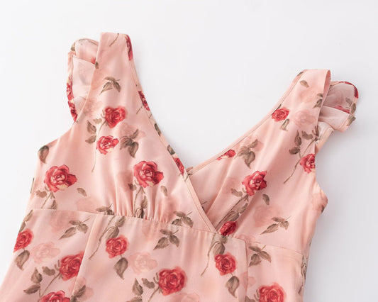Vacation V neck Floral Flying Sleeves Dress Waist Slimming A line Long Dress