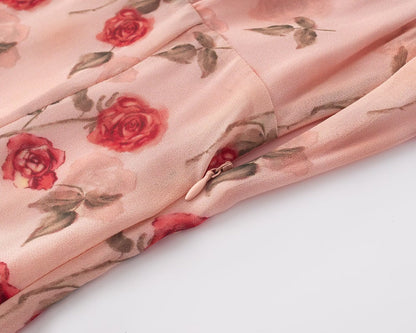 Vacation V neck Floral Flying Sleeves Dress Waist Slimming A line Long Dress