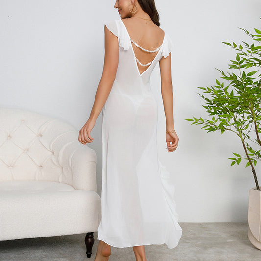 Multi Color Sexy Mesh See through Pajamas Suspenders Pearl Nightdress Evening Maxi Dress - Iyanka