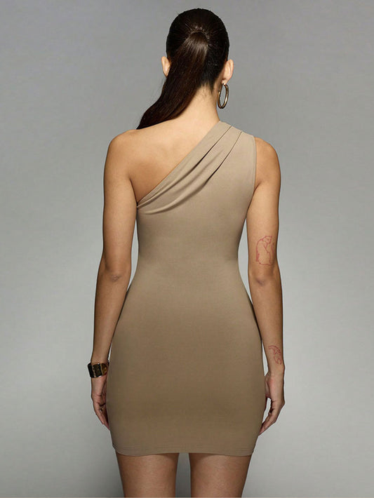 Women Clothing Sexy Unilateral Dress Spring Summer Diagonal Collar Cropped Sheath Dress