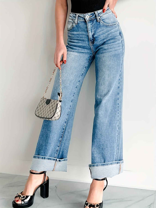Women Straight Wide Leg Pants with Curling Denim Trousers