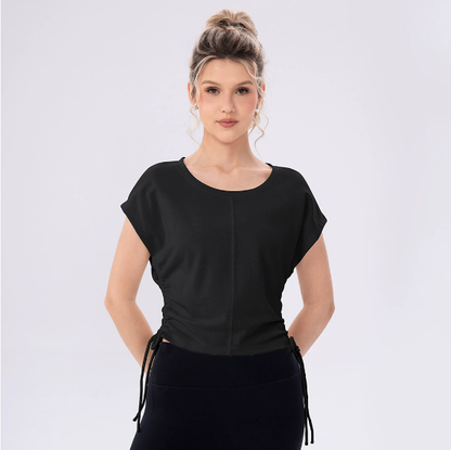 Yoga Wear Top Women Side Waist Pleated Slimming round Neck Sports Short Sleeve Outdoor Fitness Casual T shirt - Iyanka