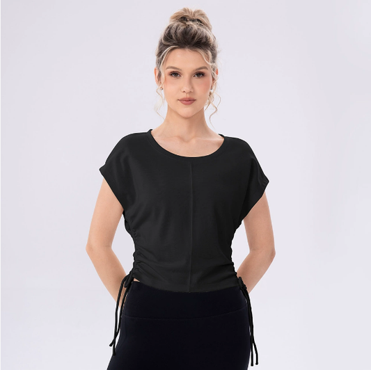 Yoga Wear Top Women Side Waist Pleated Slimming round Neck Sports Short Sleeve Outdoor Fitness Casual T shirt - Iyanka