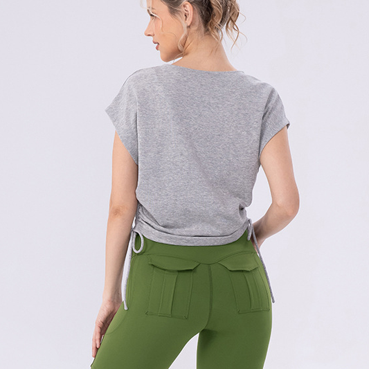 Yoga Wear Top Women Side Waist Pleated Slimming round Neck Sports Short Sleeve Outdoor Fitness Casual T shirt - Iyanka