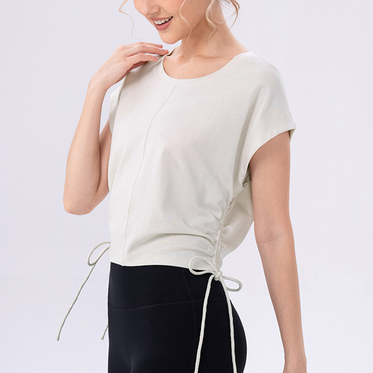 Yoga Wear Top Women Side Waist Pleated Slimming round Neck Sports Short Sleeve Outdoor Fitness Casual T shirt - Iyanka