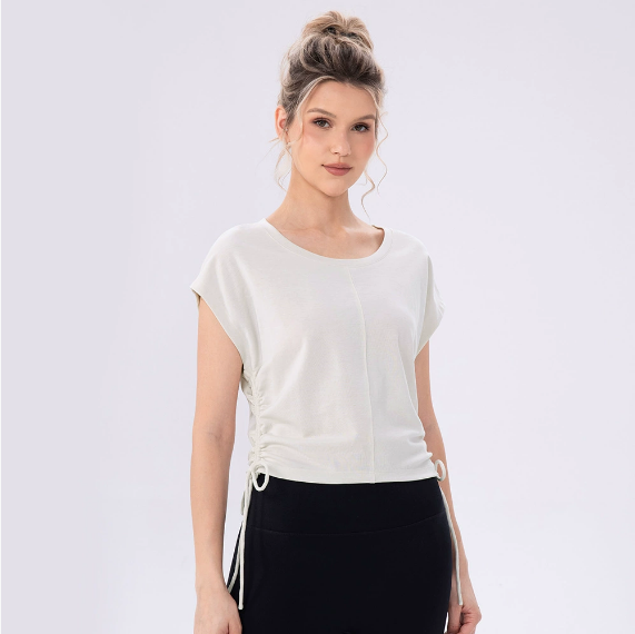 Yoga Wear Top Women Side Waist Pleated Slimming round Neck Sports Short Sleeve Outdoor Fitness Casual T shirt - Iyanka