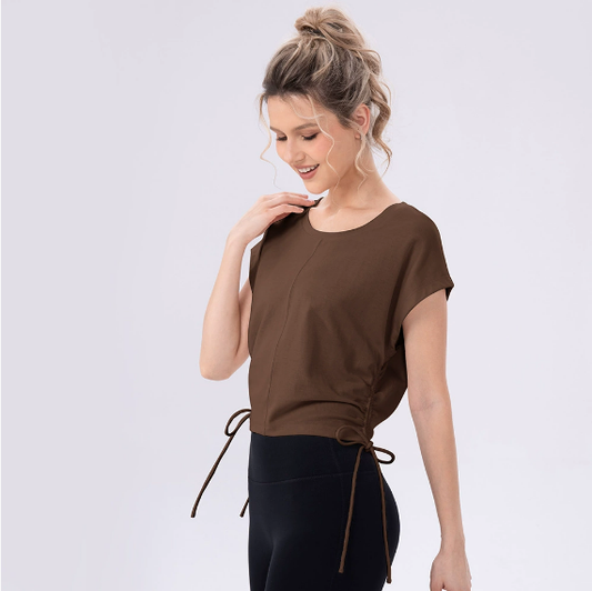 Yoga Wear Top Women Side Waist Pleated Slimming round Neck Sports Short Sleeve Outdoor Fitness Casual T shirt - Iyanka