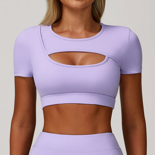 Summer Yoga Short Sleeve Hollow Out Cutout out Tight Shockproof Nude Feel Sports T shirt Running Fitness Sports Top - Iyanka