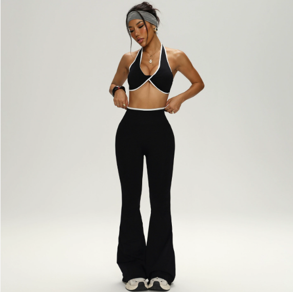 Yoga Clothes Contrast Color Bra Bell Bottom Pants Sportswear Two Piece Sets Women Fitness - Iyanka