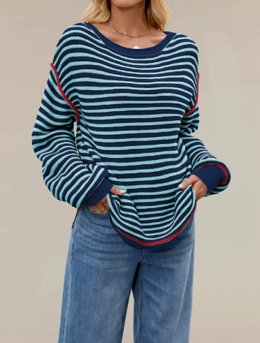 Autumn Winter Women Clothing Striped Knitted Top round Neck Pullover Loose Fitting Long Sleeves Sweater - Iyanka