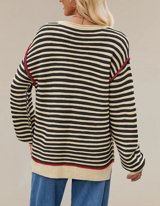 Autumn Winter Women Clothing Striped Knitted Top round Neck Pullover Loose Fitting Long Sleeves Sweater - Iyanka