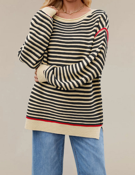 Autumn Winter Women Clothing Striped Knitted Top round Neck Pullover Loose Fitting Long Sleeves Sweater - Iyanka