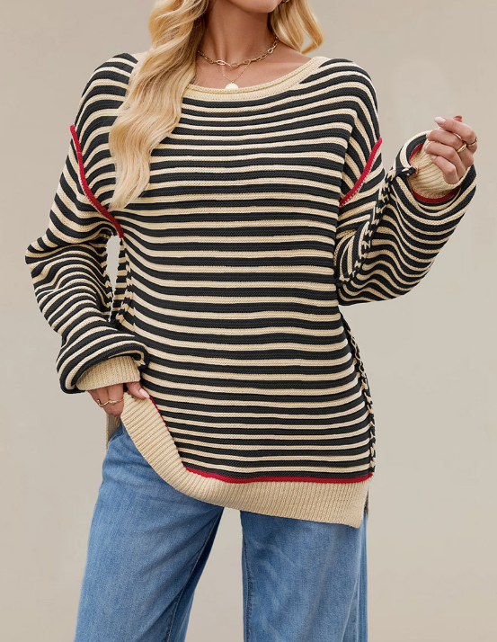 Autumn Winter Women Clothing Striped Knitted Top round Neck Pullover Loose Fitting Long Sleeves Sweater - Iyanka
