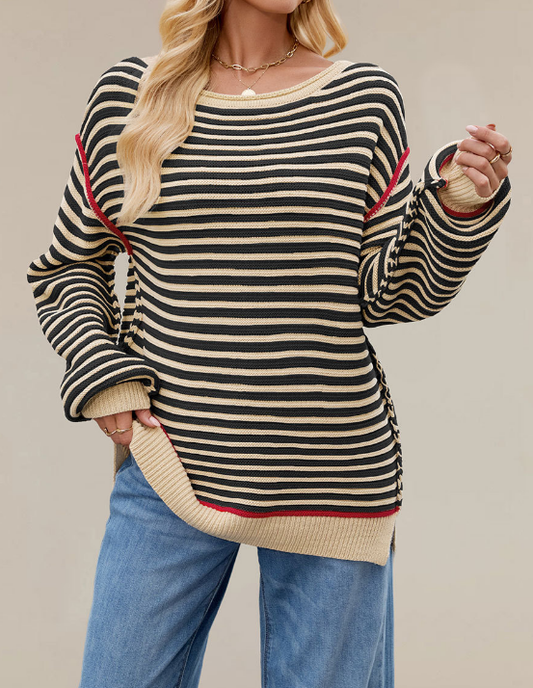 Autumn Winter Women Clothing Striped Knitted Top round Neck Pullover Loose Fitting Long Sleeves Sweater - Iyanka