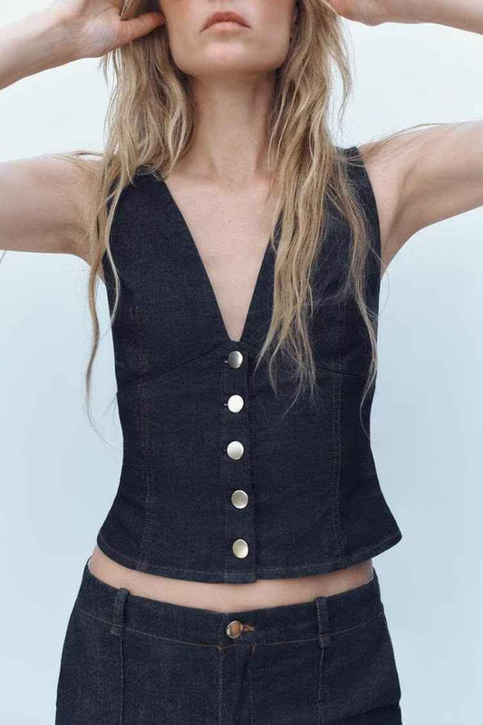 Women’s Summer Slim Fit Denim V-Neck Short Top – Casual Tank