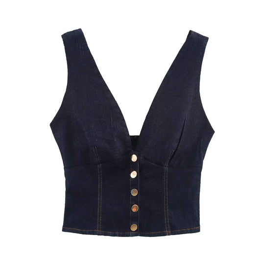 Women’s Summer Slim Fit Denim V-Neck Short Top – Casual Tank