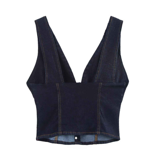 Women’s Summer Slim Fit Denim V-Neck Short Top – Casual Tank
