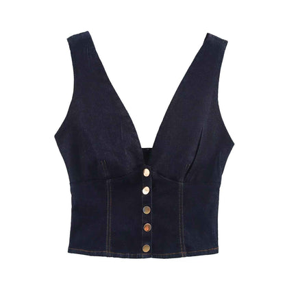 Women’s Summer Slim Fit Denim V-Neck Short Top – Casual Tank