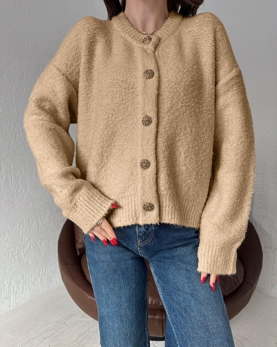 Fall Winter Solid Color Sweater Knitwear round Neck Button Cardigan Sweater Coat - Iyanka