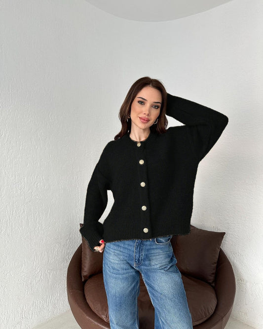 Fall Winter Solid Color Sweater Knitwear round Neck Button Cardigan Sweater Coat - Iyanka
