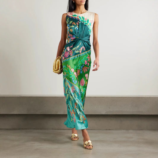 Summer Casual Sleeveless Positioning Printing Satin Twist Dress Women - Iyanka