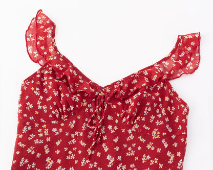 Red Small Floral Sling Dress Women Summer Tight Waist A line Slimming Backless Holiday Maxi Dress