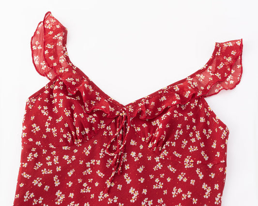 Red Small Floral Sling Dress Women Summer Tight Waist A line Slimming Backless Holiday Maxi Dress