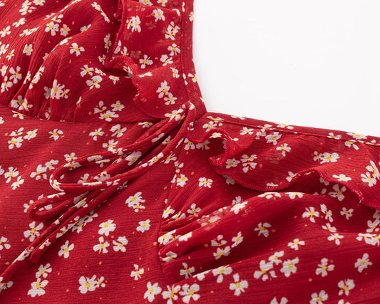 Red Small Floral Sling Dress Women Summer Tight Waist A line Slimming Backless Holiday Maxi Dress