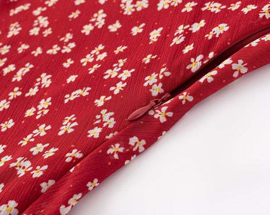 Red Small Floral Sling Dress Women Summer Tight Waist A line Slimming Backless Holiday Maxi Dress