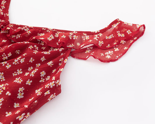 Red Small Floral Sling Dress Women Summer Tight Waist A line Slimming Backless Holiday Maxi Dress