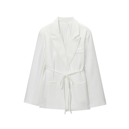 Women Clothing Fall Office Solid Color Waist Belt Linen Blend Blazer - Iyanka