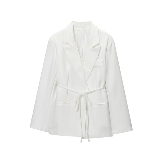 Women Clothing Fall Office Solid Color Waist Belt Linen Blend Blazer - Iyanka