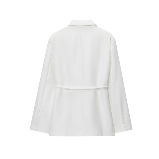Women Clothing Fall Office Solid Color Waist Belt Linen Blend Blazer - Iyanka
