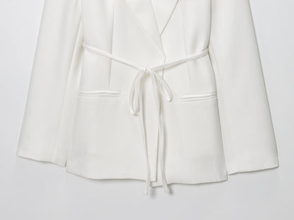 Women Clothing Fall Office Solid Color Waist Belt Linen Blend Blazer - Iyanka