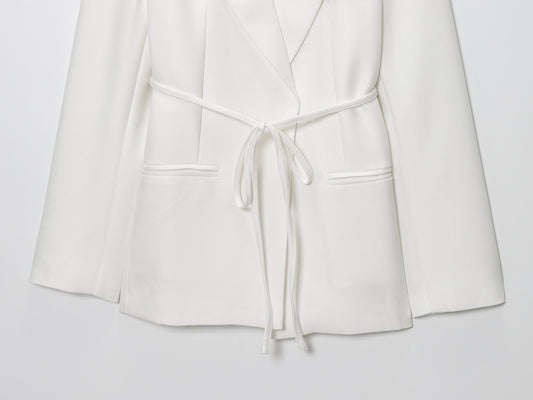 Women Clothing Fall Office Solid Color Waist Belt Linen Blend Blazer - Iyanka