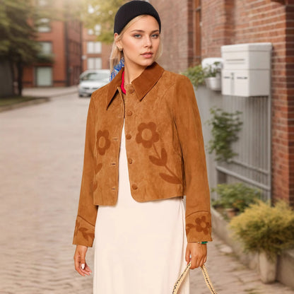 Elegant Retro Suede Floral Exquisite Decoration Embellished Collared Design Fashionable All Match Short Coat - Iyanka