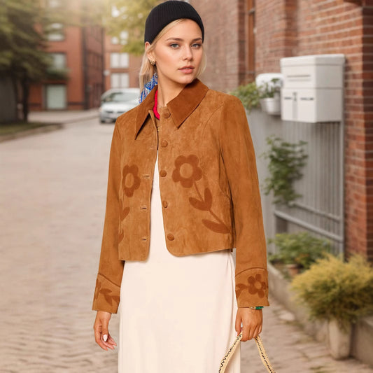 Elegant Retro Suede Floral Exquisite Decoration Embellished Collared Design Fashionable All Match Short Coat - Iyanka