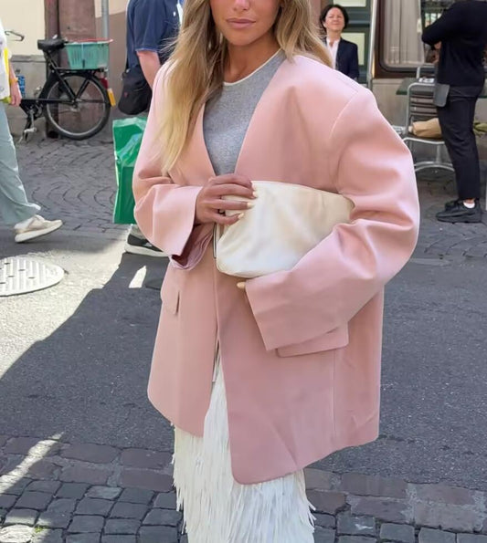 Women Clothing Summer Simple Elegant Collarless Loose Pink Blazer - Iyanka