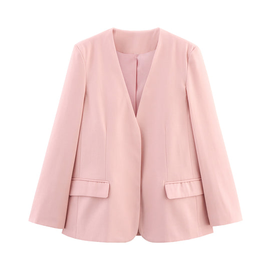 Women Clothing Summer Simple Elegant Collarless Loose Pink Blazer - Iyanka