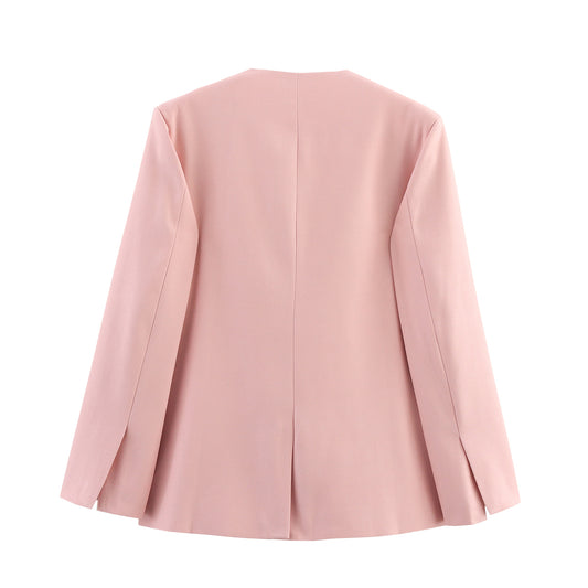 Women Clothing Summer Simple Elegant Collarless Loose Pink Blazer - Iyanka