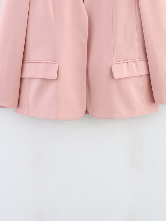 Women Clothing Summer Simple Elegant Collarless Loose Pink Blazer - Iyanka