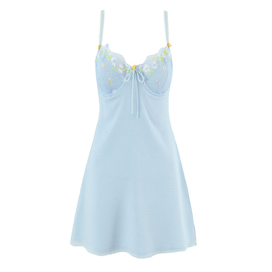Summer Sexy Blue Nightgown Sexy Satin Casual Slip Dress
