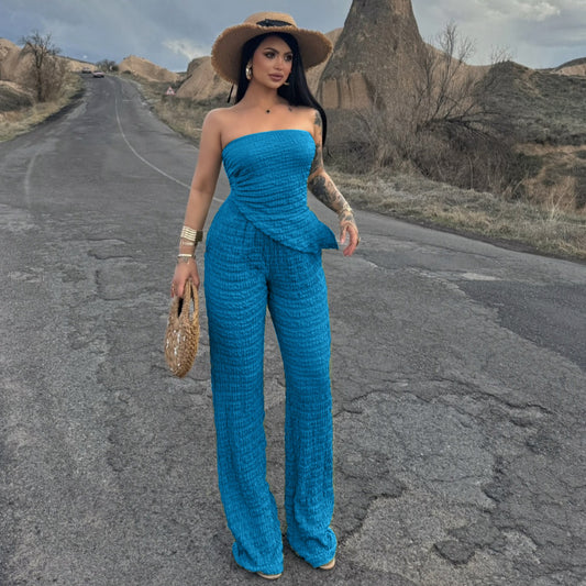Summer Women Clothing Sexy off the Shoulder Tube Top Beveled Top Slim Trousers Two Piece Sets - Iyanka