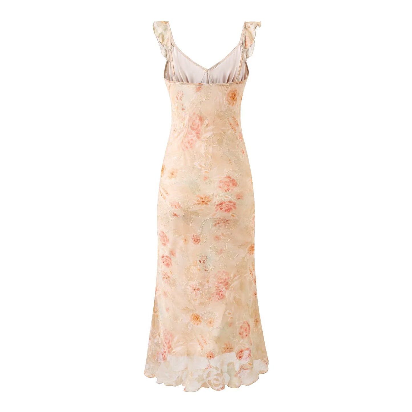 Summer Ruffled V neck Front Strap Printing Slim Fit Sheath Dress