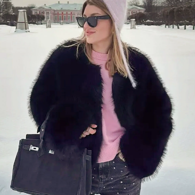 Faux Fur Coat Soft Fur Collar Wide Cuff Matching Sweater Jeans Design Autumn Winter Clothing - Iyanka