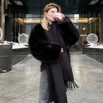 Faux Fur Coat Soft Fur Collar Wide Cuff Matching Sweater Jeans Design Autumn Winter Clothing - Iyanka