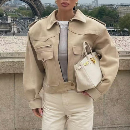 Women Clothing Autumn Collared Long Sleeve Pocket Decoration Design Jacket Varsity Jacket Women - Iyanka