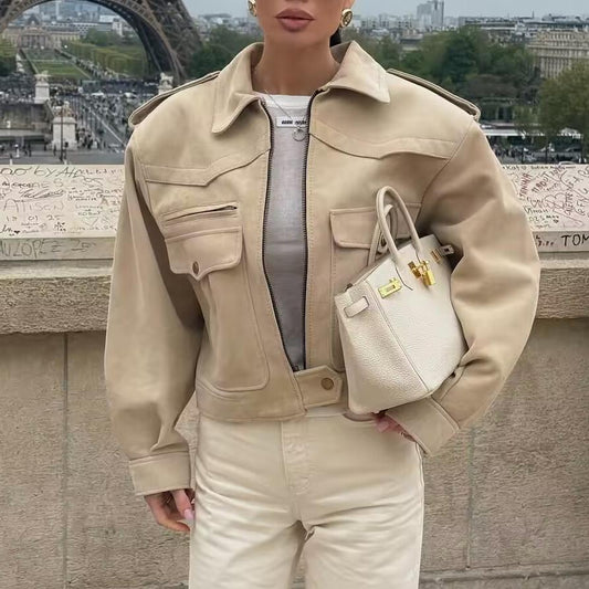 Women Clothing Autumn Collared Long Sleeve Pocket Decoration Design Jacket Varsity Jacket Women - Iyanka
